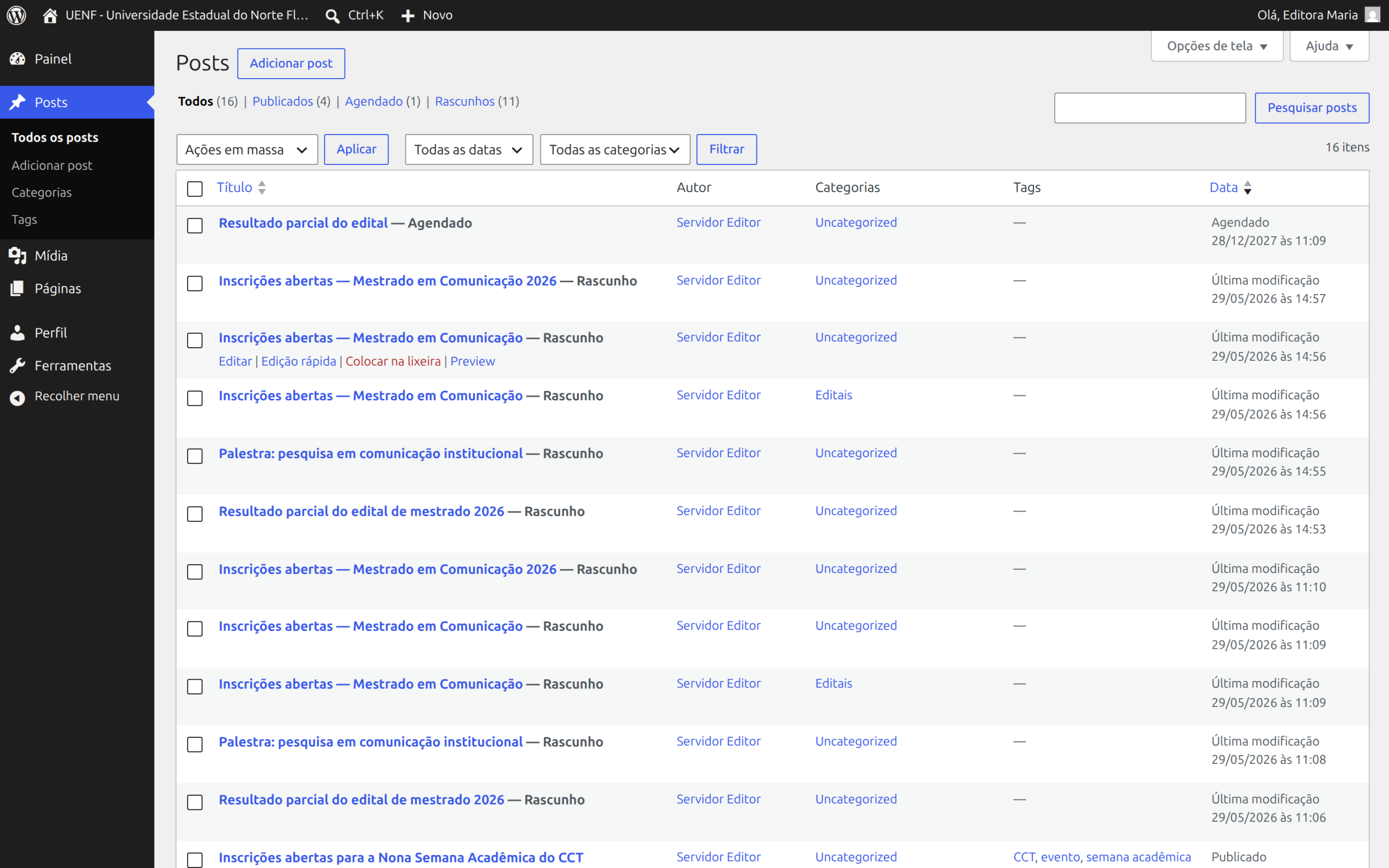 Submenu de Posts aberto mostrando Todos, Adicionar, Categorias e Tags