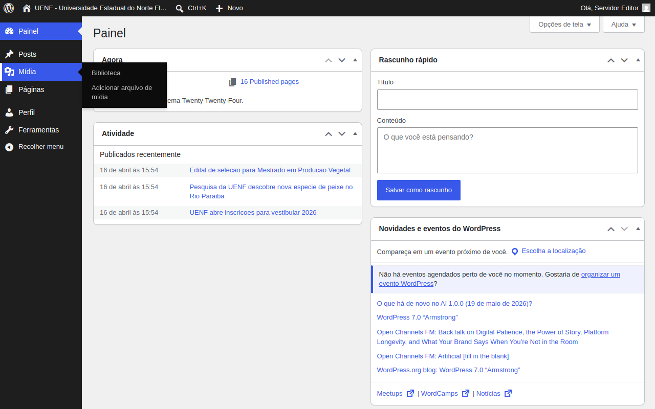 Submenu de Mídia aberto com Biblioteca e Adicionar arquivo de mídia