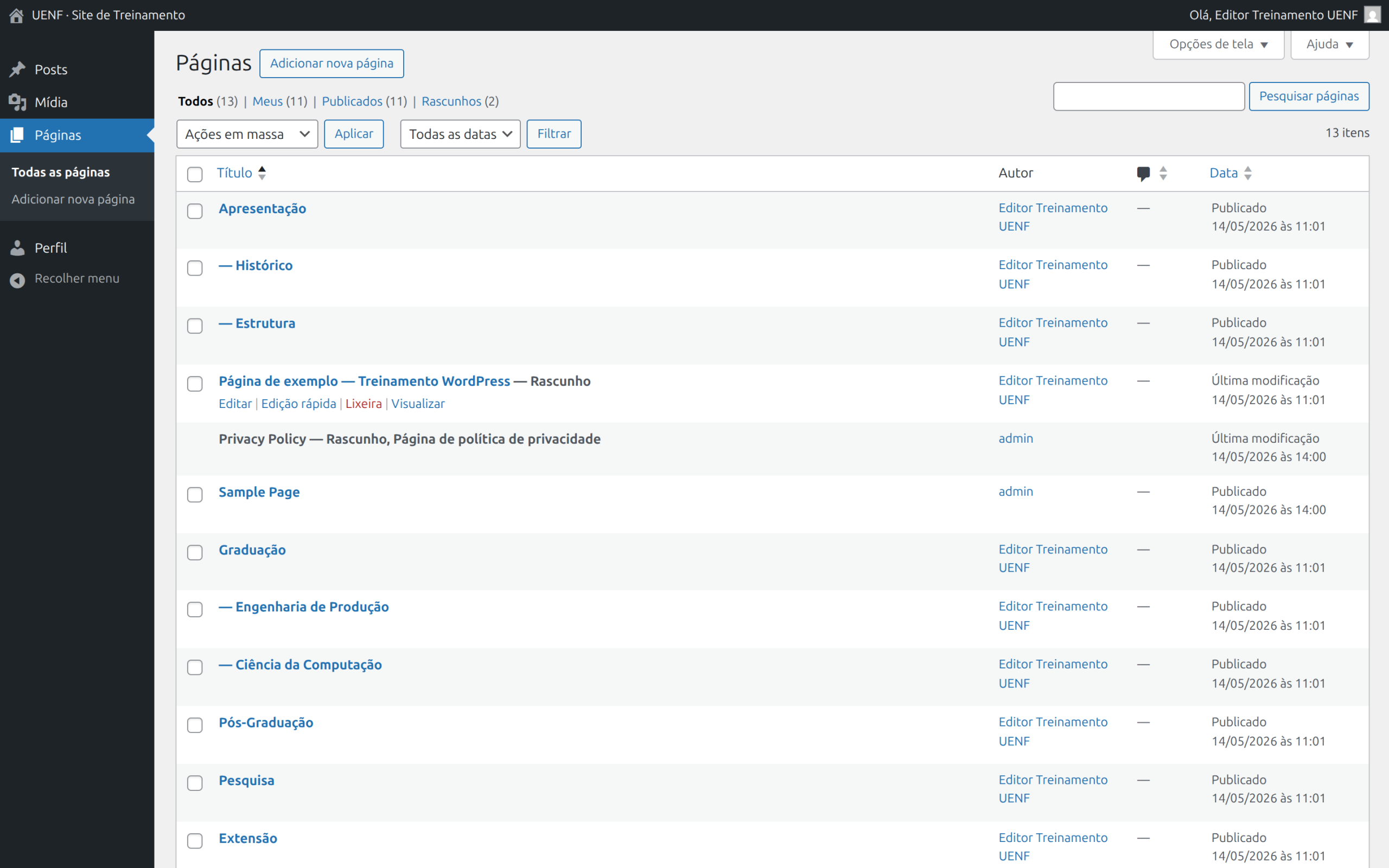 Listagem de Páginas no admin do WordPress