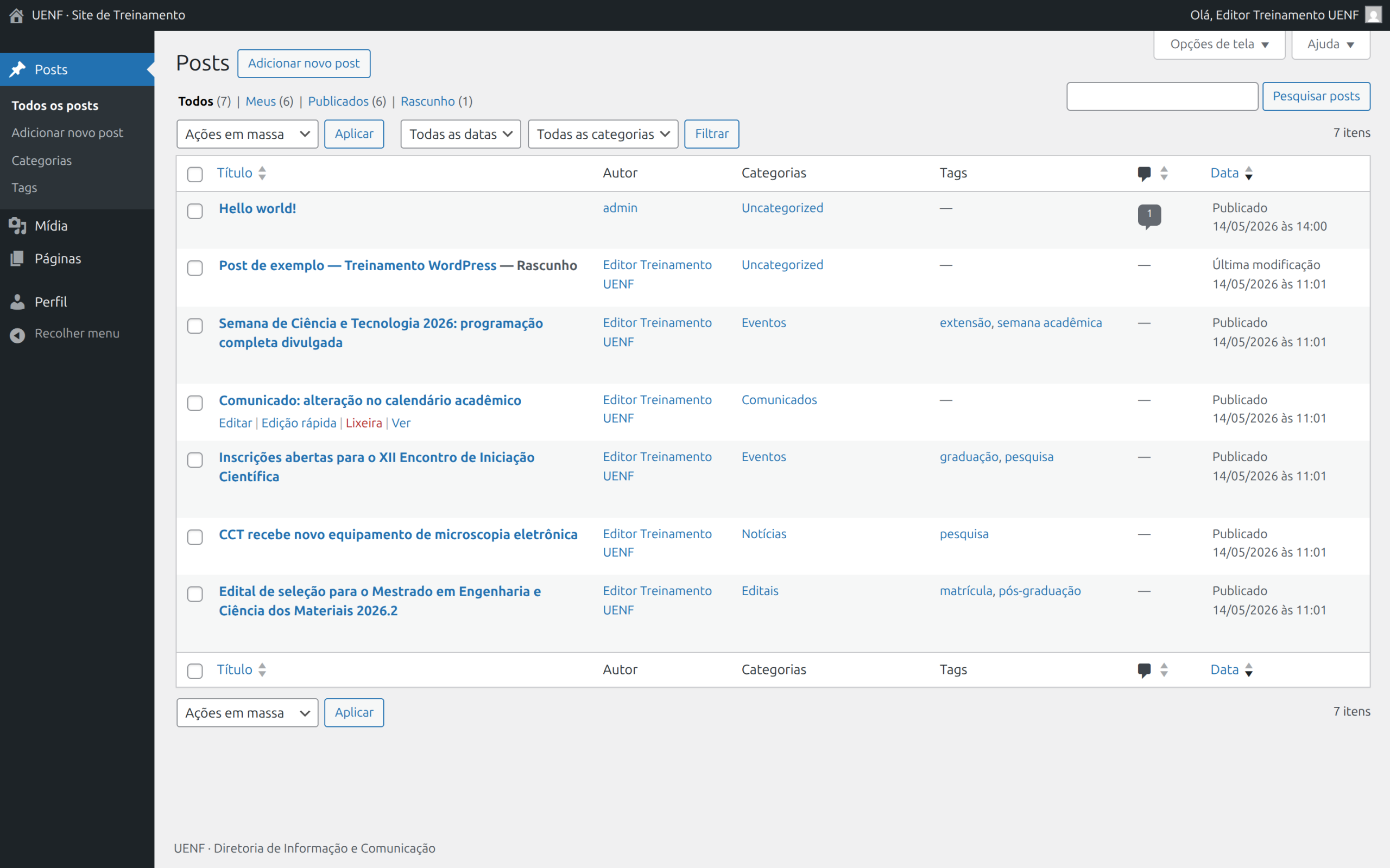 Listagem de Posts no admin do WordPress com data, autor e categorias