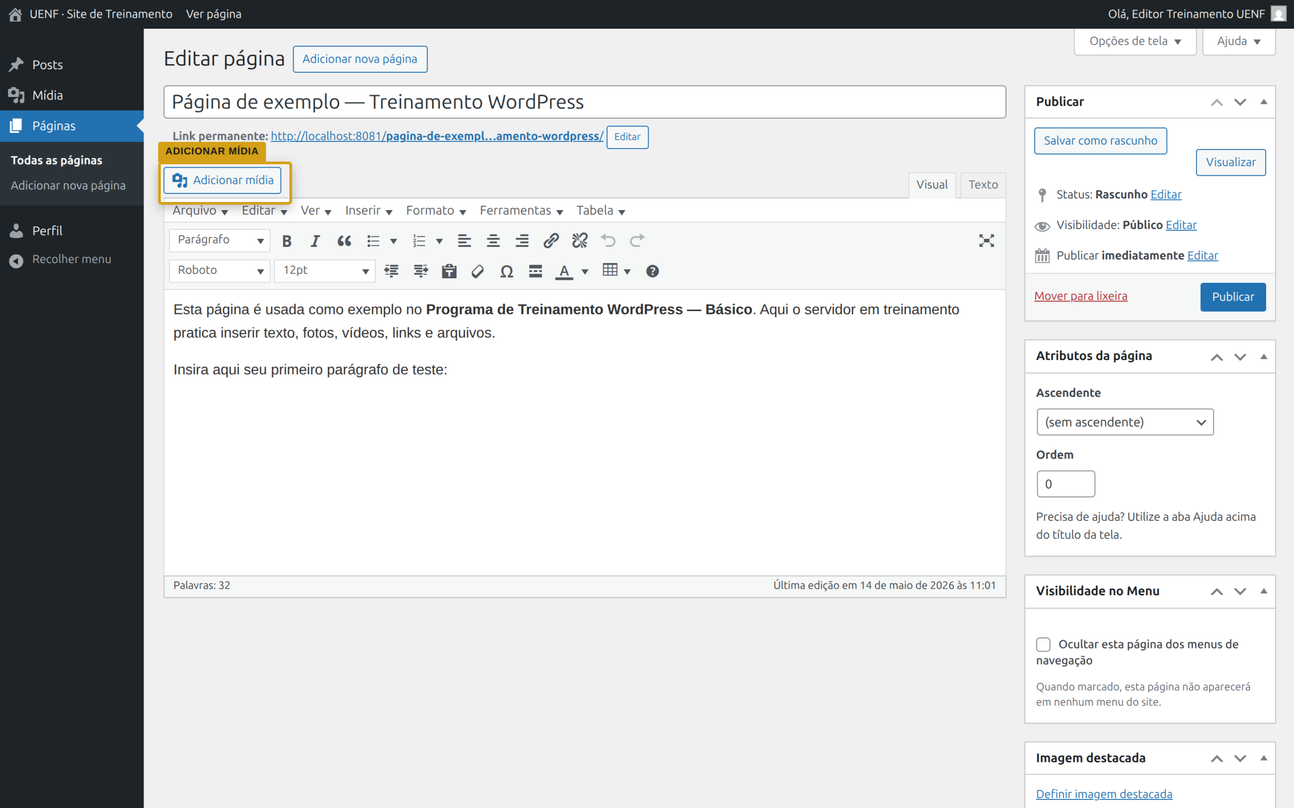 Botão Adicionar mídia destacado acima da área de texto do editor
