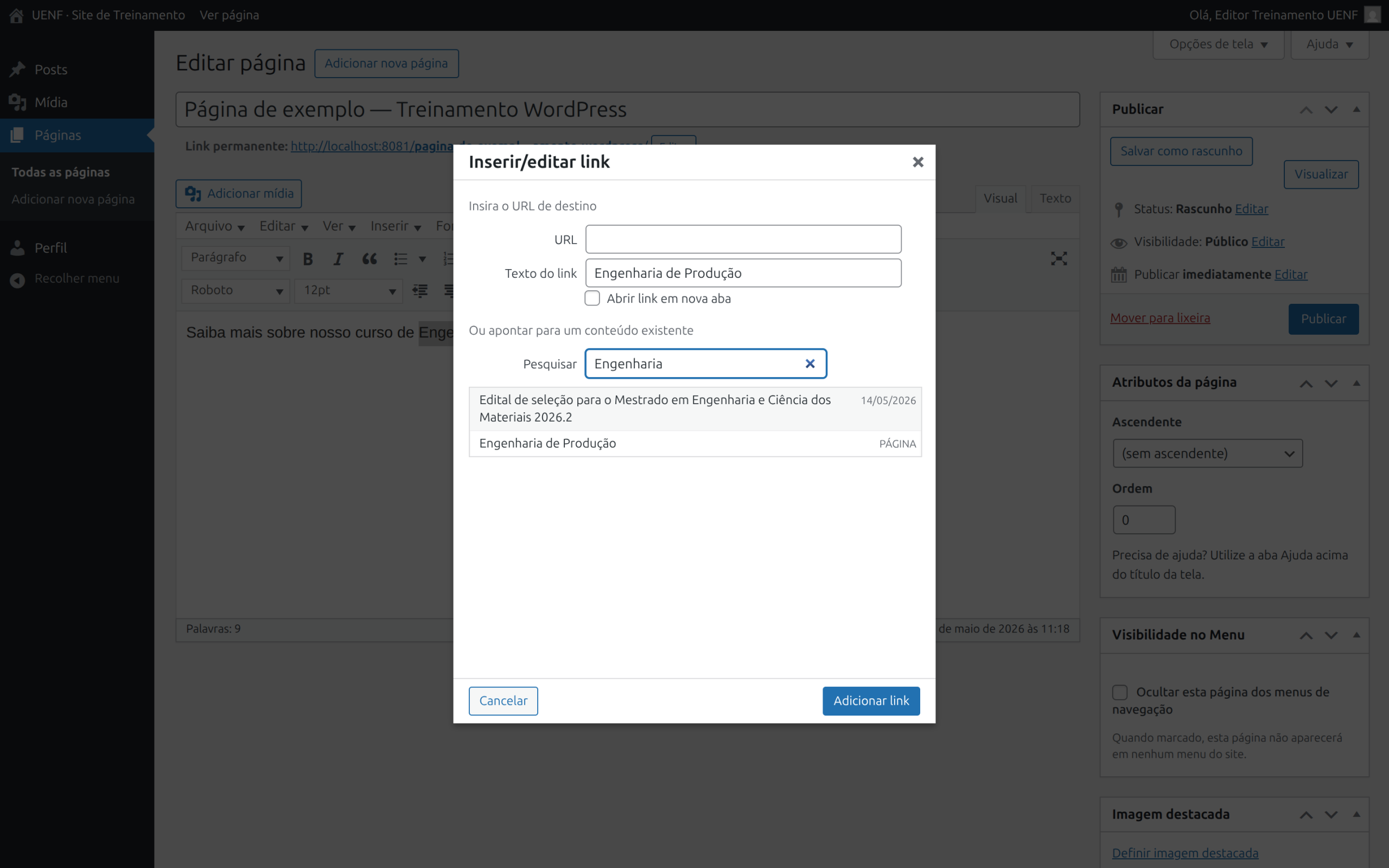 Diálogo Inserir/editar link com campo Pesquisar e sugestões de páginas internas