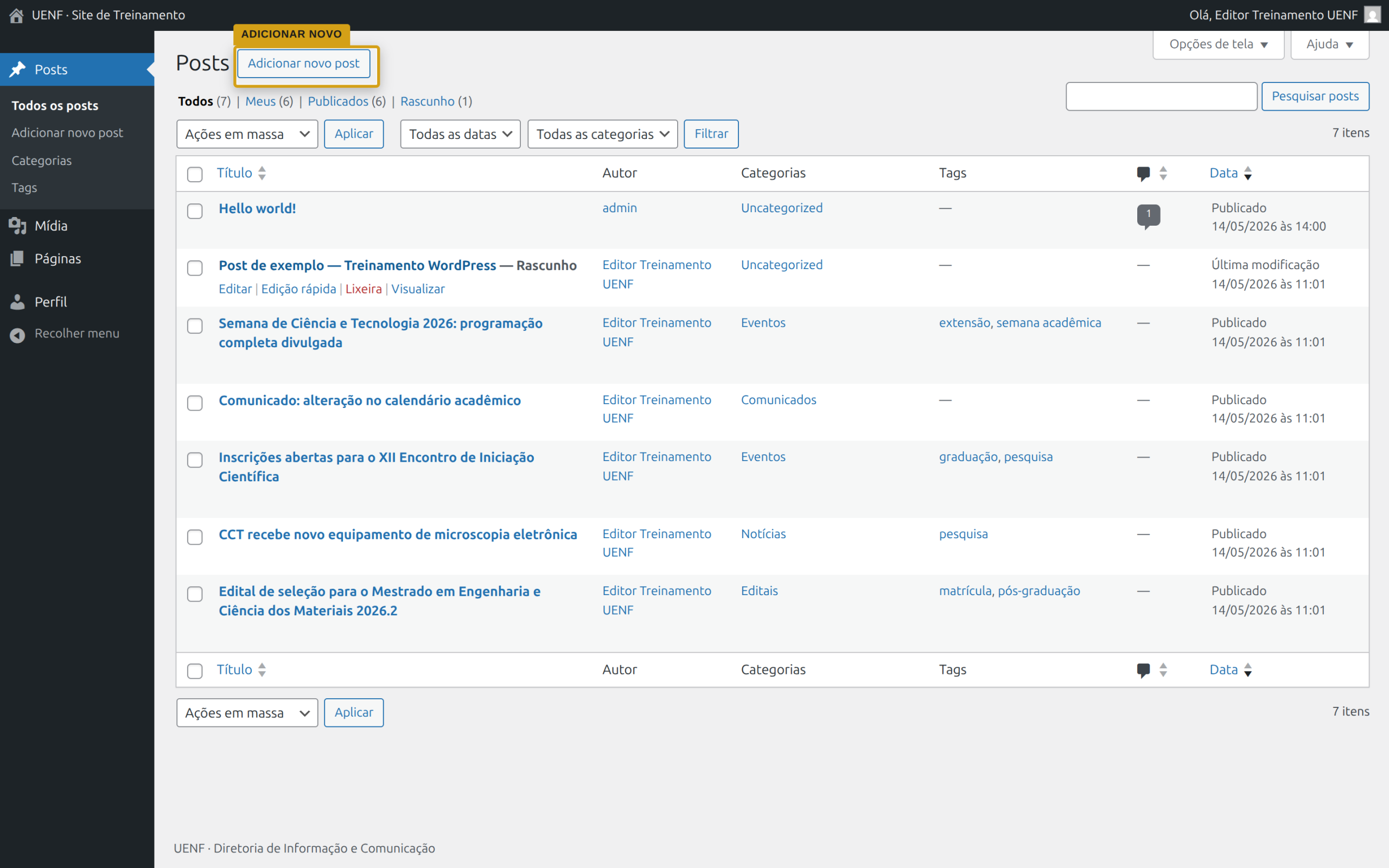 Lista de Posts com o botão Adicionar novo post destacado
