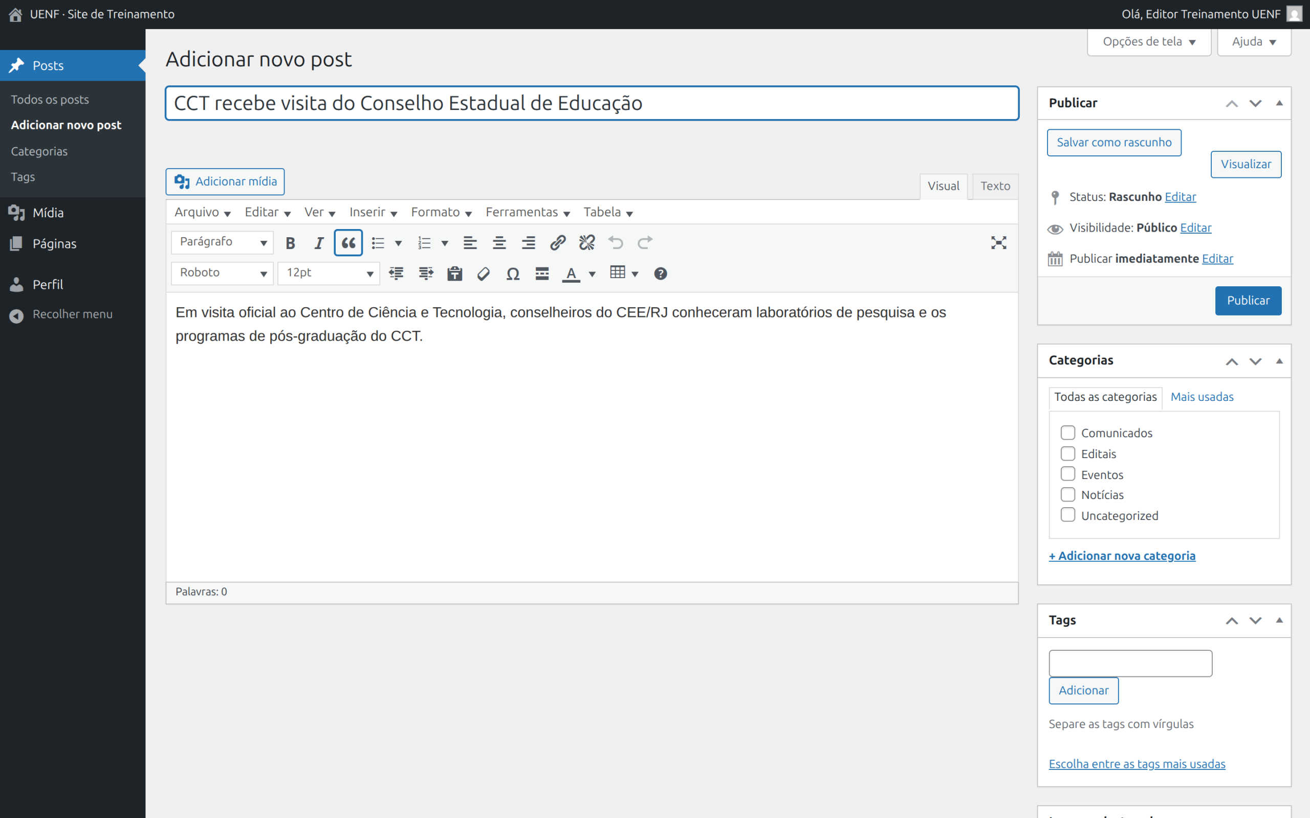 Editor de post com título preenchido e primeiro parágrafo