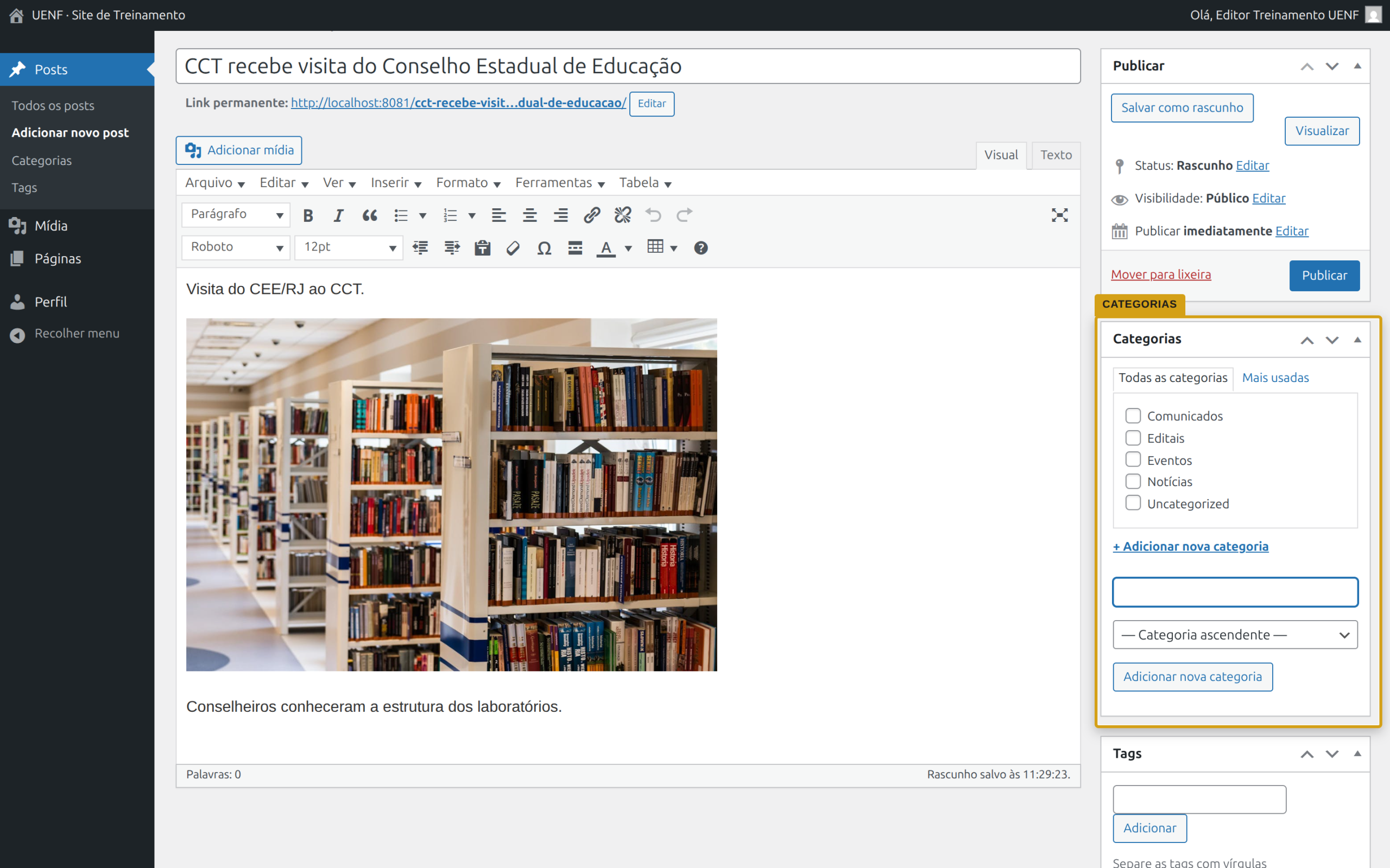 Metabox Categorias com checkboxes e link Adicionar nova categoria expandido