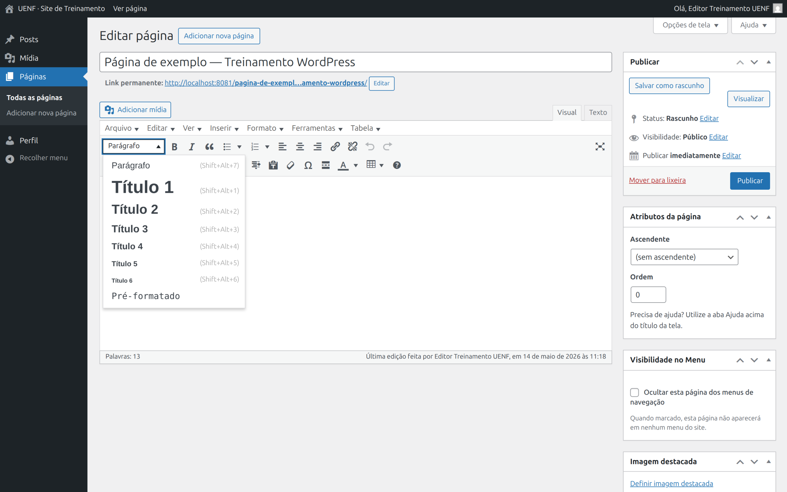 Dropdown de formato do editor mostrando opções Cabeçalho 2, Cabeçalho 3, Cabeçalho 4