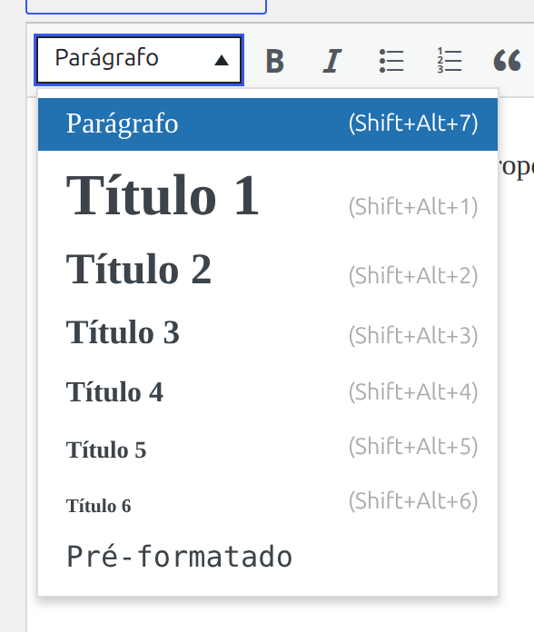 Mesmo dropdown destacando a opção Parágrafo