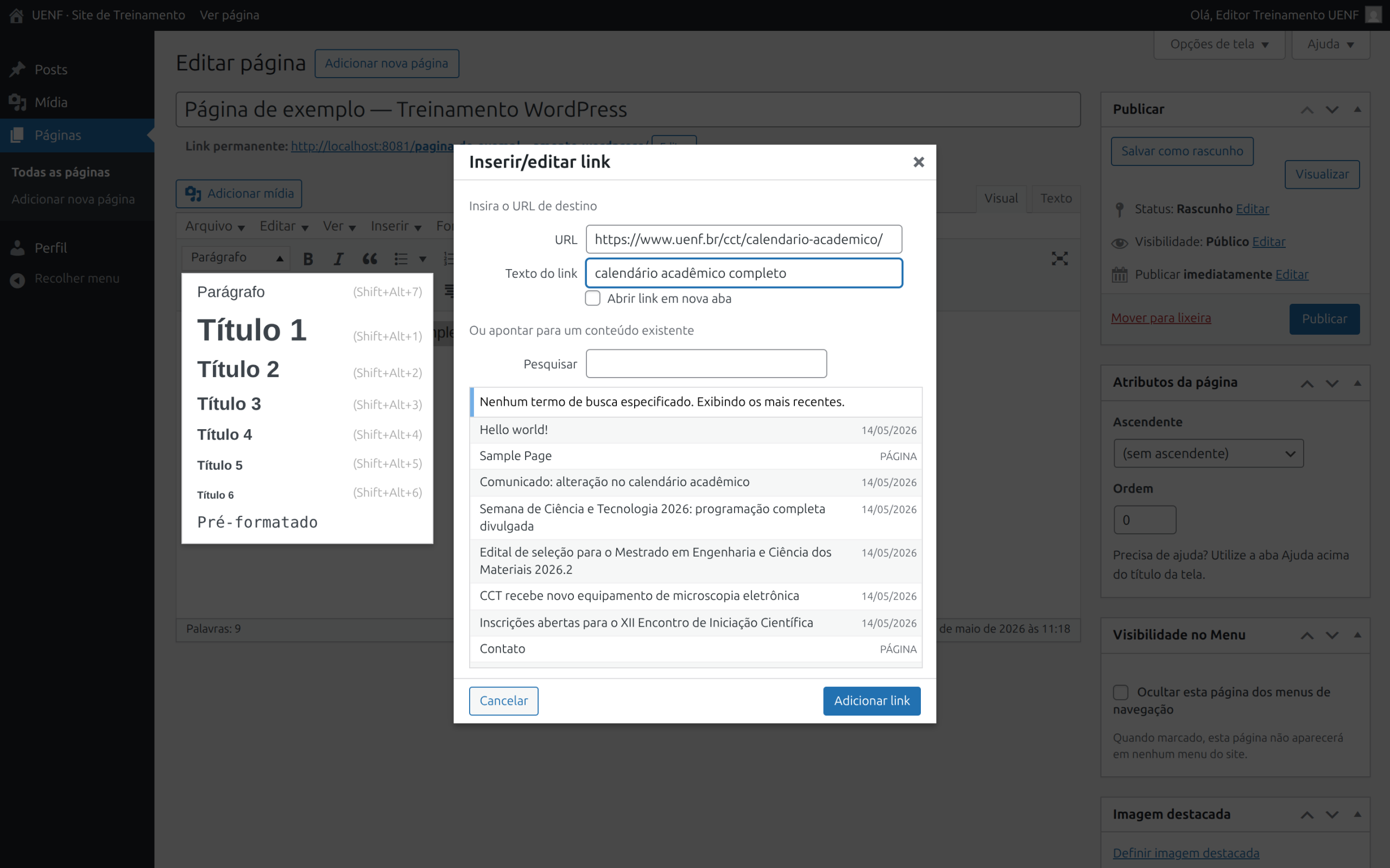 Editor de post com texto-âncora descritivo selecionado e diálogo de link aberto