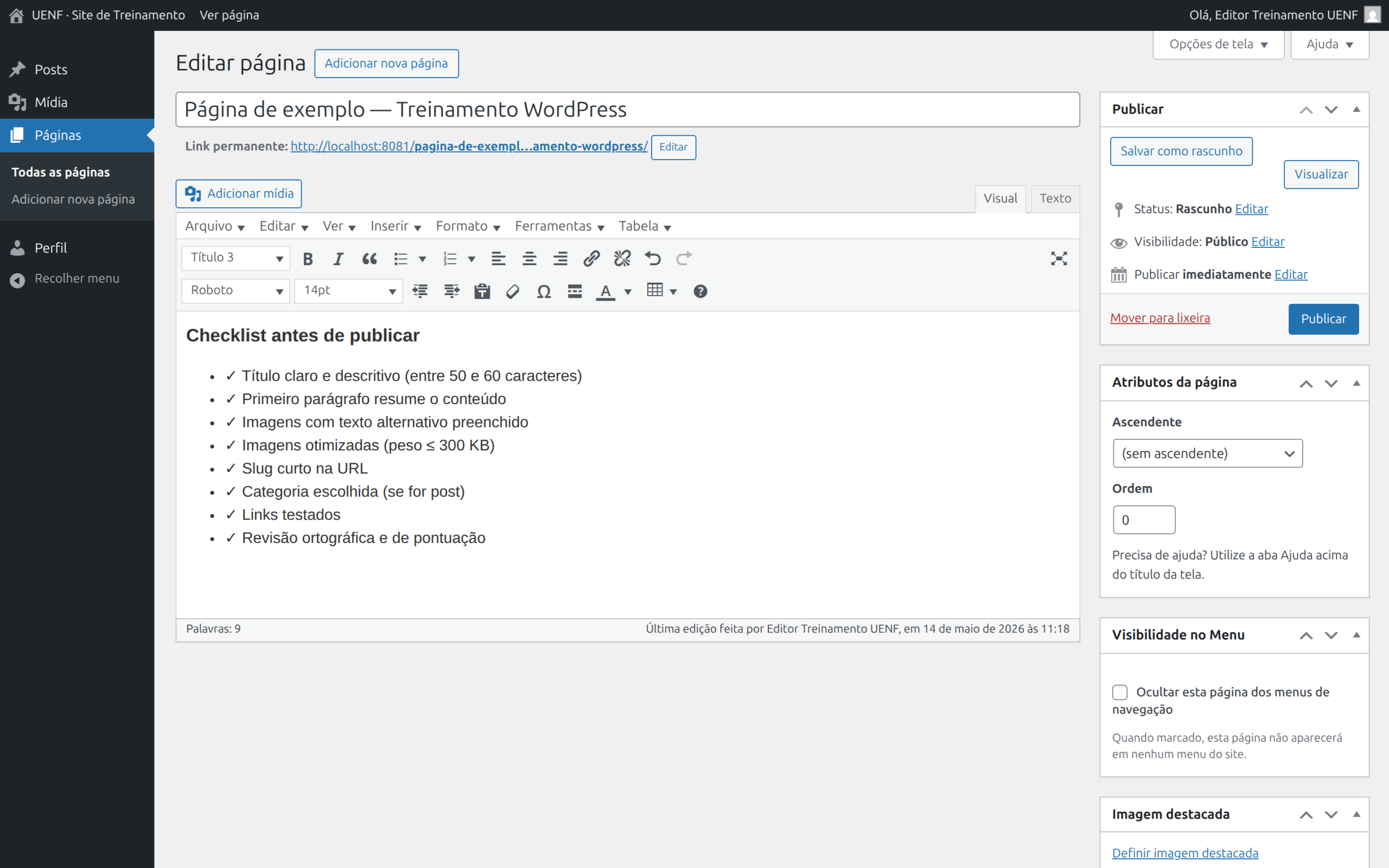 Editor com lista de itens do checklist marcados visualmente