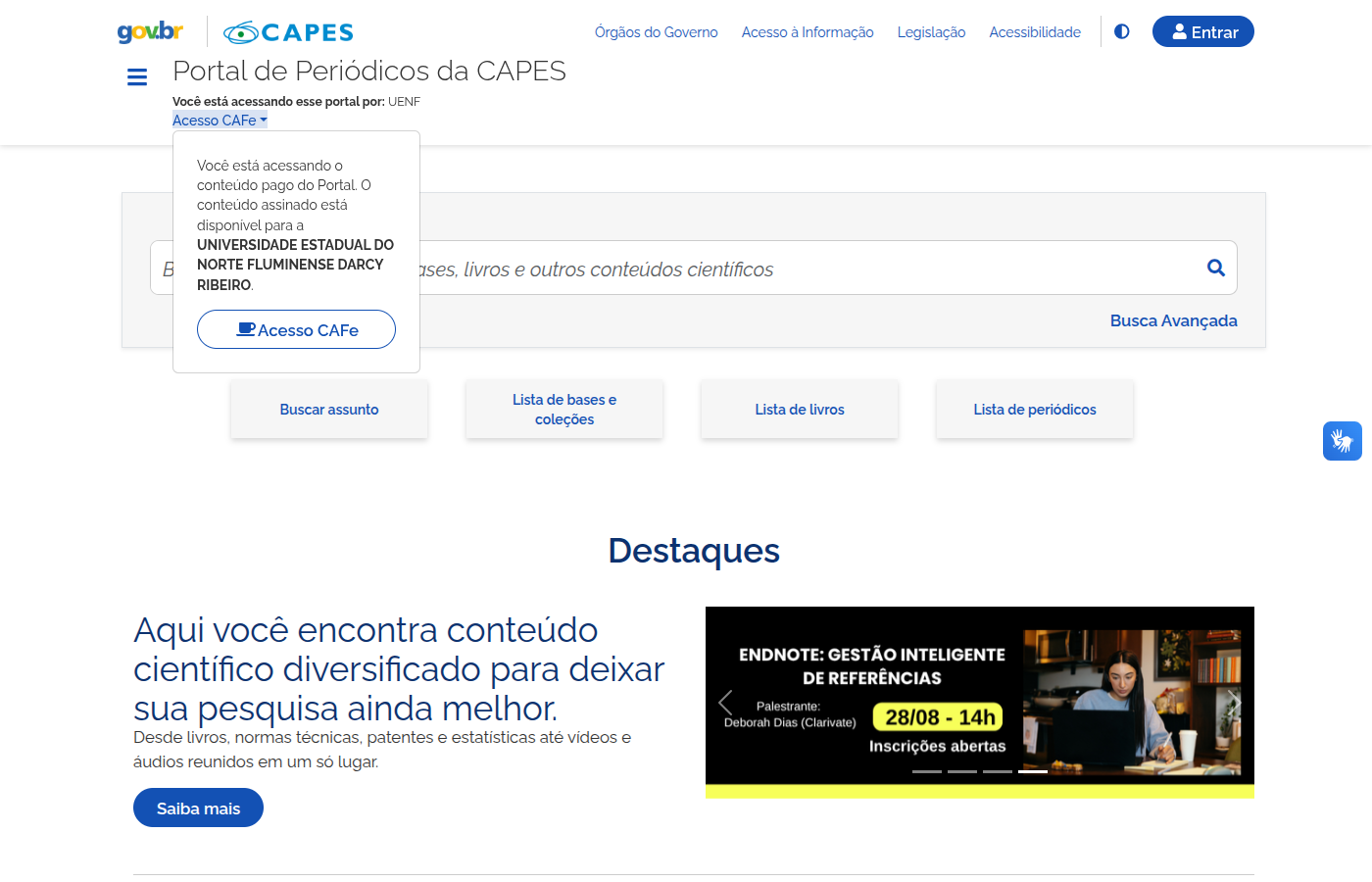 Topo do Portal de Periódicos da CAPES com o botão Acesso CAFe expandido, mostrando o aviso de conteúdo assinado disponível para a UENF