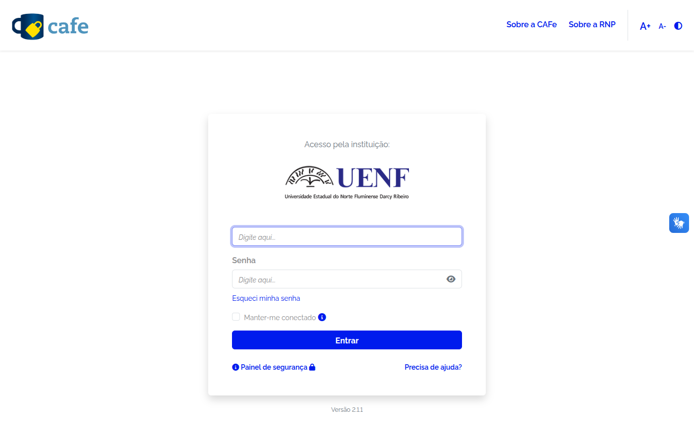 Tela de autenticação da CAFe com o logotipo da UENF, campo de usuário, campo Senha, link Esqueci minha senha e botão Entrar