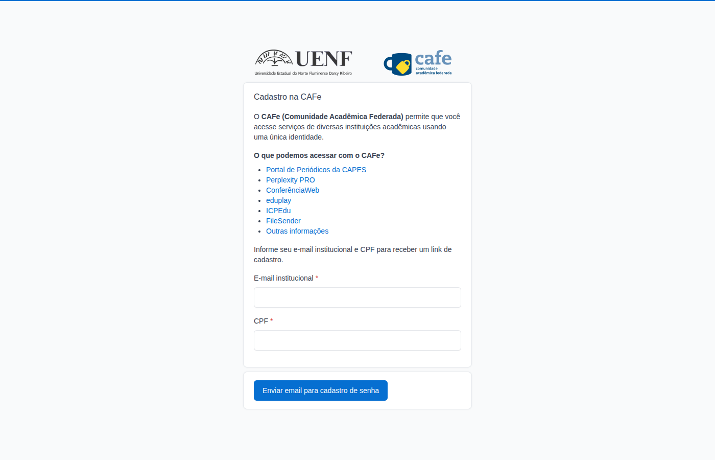 Página Cadastro na CAFe da UENF com a lista de serviços acessíveis, campos E-mail institucional e CPF e botão Enviar email para cadastro de senha